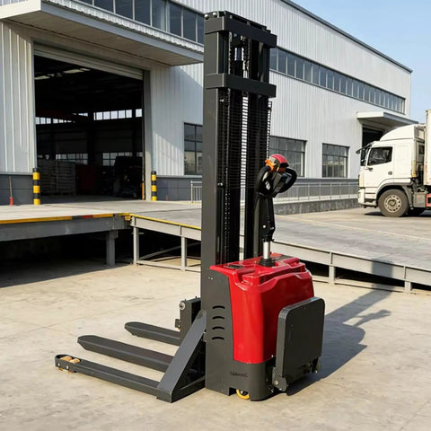 Maneuverable Narrow Aisle Pallet Jack For Easy Warehouse Hauling with red chassis and black forks for tight logistics spaces.