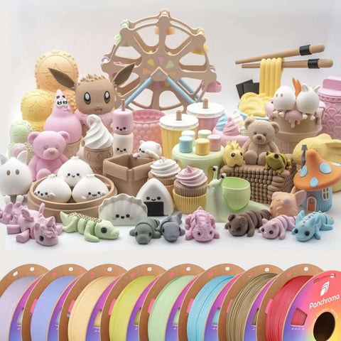 Panchroma Matte Pastel Periwinkle PLA Filament For 3D Printing, 1.75mm, 1Kg Spool showcased with pastel 3D printed toys and decor