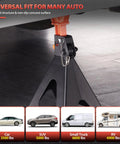 Car jack stand, installed under vehicle; 3-ton, black steel with rubber pads; adjustable 11.22–16.54 in; double locking.