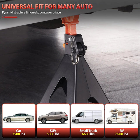 Car jack stand, installed under vehicle; 3-ton, black steel with rubber pads; adjustable 11.22–16.54 in; double locking.