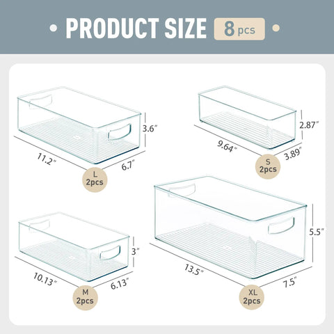 Kick Clutter To The Curb With These 8 Pack Freezer Organizer Bins Featuring Reinforced Handles And Thickened Food Grade Plastic For Fridge Pantry Storage That Really Keeps Your Kitchen Game Strong, showing sizes.