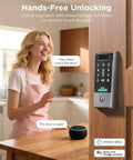 Woman using Hands Free Palm Vein Smart Lock D2 Pro with WiFi Keyless Entry Deadbolt Door Lock next to Alexa device.
