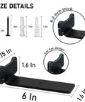 Diagram showing size details of Heavy Duty L Shaped Shelf Brackets Set Premium Solid Steel 0.2 Inch Thick Black Rustic Wall Mount Shelving Supports For 6 Inch Floating Shelves 6 Pack Industrial Hardware.