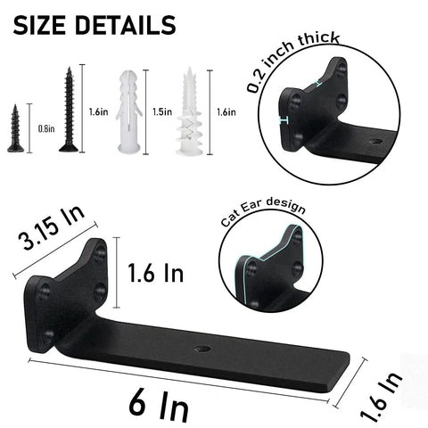 Diagram showing size details of Heavy Duty L Shaped Shelf Brackets Set Premium Solid Steel 0.2 Inch Thick Black Rustic Wall Mount Shelving Supports For 6 Inch Floating Shelves 6 Pack Industrial Hardware.