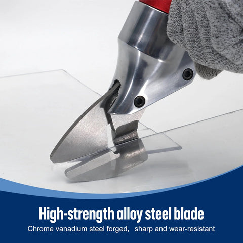 VlOXO metal shear drill attachment with 360° pivoting handle; high-strength alloy steel blade for straight or curved sheet metal cutting.