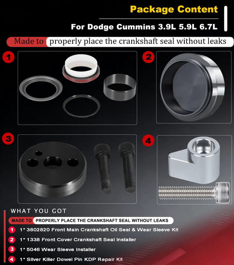 All-In-One Front Cover Crankshaft Seal Installer Kit With 5046 Wear Sleeve Installer And 3802820 Oil Seal Kit Plus Killer Dowel Pin KDP Repair Kit For Cummins 3.9L 5.9L 6.7L Diesel Engines, components displayed.