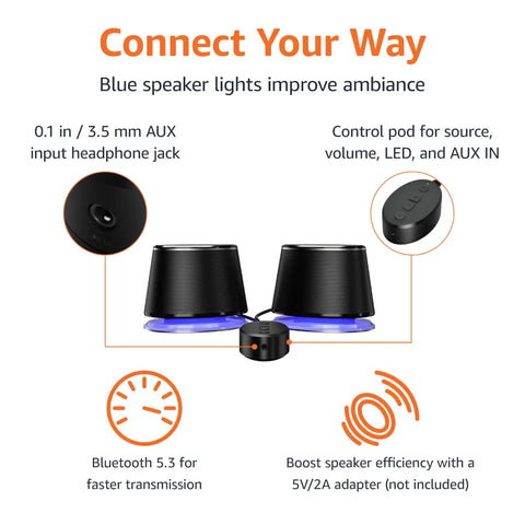 Diagram of Bluetooth Computer Speakers Set Of 2 with USB power, LED blue lighting, volume control, AUX input and Bluetooth 5.3
