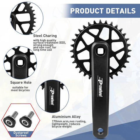 32T Chainring Crank Set With 170mm Arm For Mountain Bikes And Student Bicycles, Narrow Wide Drop Stop Design, includes dustproof screws