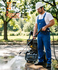 Heavy Duty Gas Pressure Washer That Whips Dirty Decks And Driveways Clean In Seconds With 3500 PSI And 2.6 GPM, 30 Ft Pressure Hose in use.