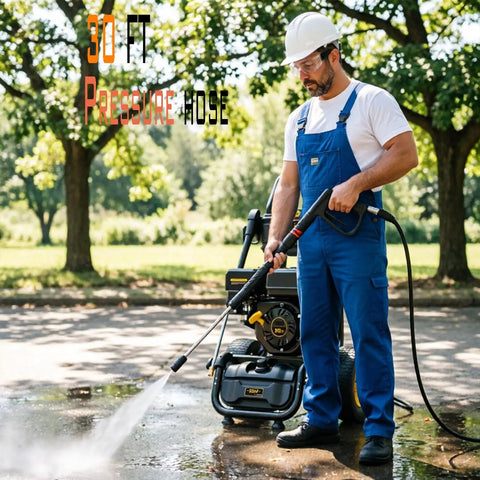 Heavy Duty Gas Pressure Washer That Whips Dirty Decks And Driveways Clean In Seconds With 3500 PSI And 2.6 GPM, 30 Ft Pressure Hose in use.