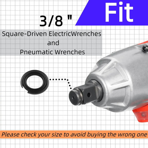 Three Eighths Inch Impact Wrench Retaining Ring Kit With Pro Grade Friction Rings O Rings And Anvil Tools For Electric And Pneumatic Wrenches Using A Three Eighths Inch Square Drive 20 Sets shown with wrench and ring.