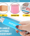 Front view of DIYSELF blue metal box cutter with retractable blade held in hand