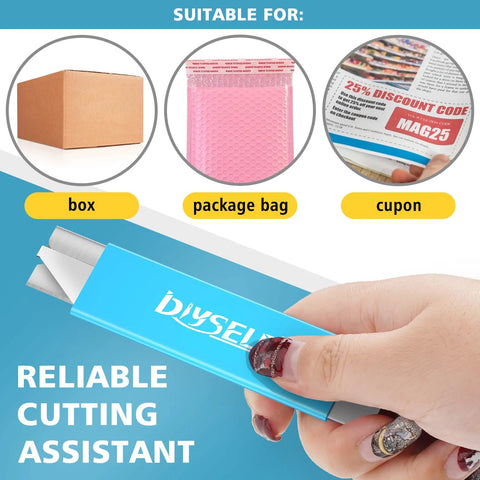 Front view of DIYSELF blue metal box cutter with retractable blade held in hand