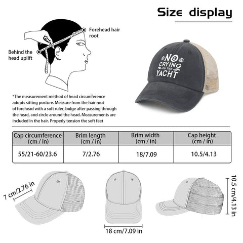 No Crying On The Yacht Women Hat Funny Golf Trucker Cap size display with dimensions and fit instructions