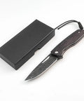 Damascus Steel Folding Pocket Knife with 3.35 Inch Blade and Rosewood Handle, ultra lightweight EDC utility knife shown with box