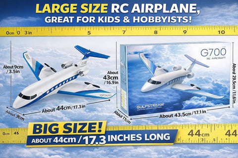 RC Plane G700 Remote Control Airplane With Two Point Four GHz Three Channel Flight for Beginners and Adults shown with dimensions