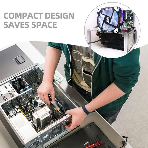 Person assembling a computer using Open Air PC Case Bracket for Micro ATX Motherboards Open Frame Rig Stand Compact Chassis Stable Base.