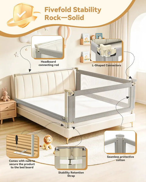 3 Piece California King Bed Rail Guard for Toddlers and Babies with headboard rod, gray, shown in a child's room setup.