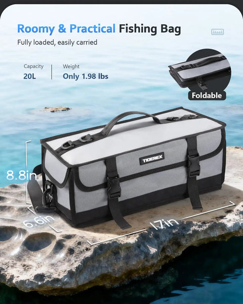 Large Fishing Tackle Bag For Soft Plastic Baits Storage, waterproof grey tackle bag with adjustable dividers on rocky shore.