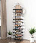 Tall Ten Tier Shoe Rack Holds Twenty Five Pairs Narrow Boot Organizer With Hook Hangers Sturdy Entryway Storage Shelf in a stylish home setting.