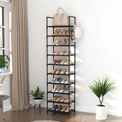 Tall Ten Tier Shoe Rack Holds Twenty Five Pairs Narrow Boot Organizer With Hook Hangers Sturdy Entryway Storage Shelf in a stylish home setting.
