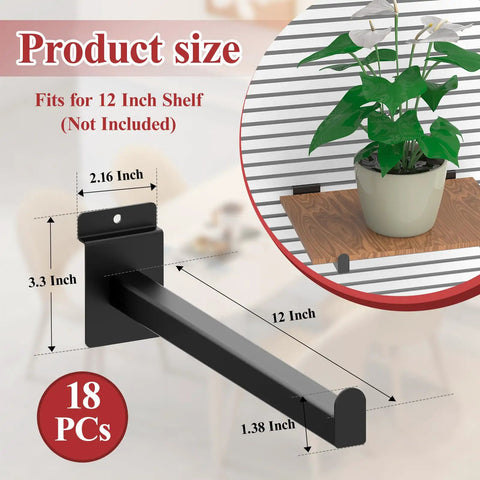 12 Inch Black Slatwall Shelf Brackets Set Of 18 Heavy Duty Metal Slatwall Hooks And Display Hangers for Garage and Retail