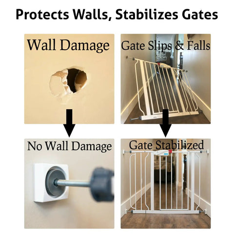 Diagram showing wall damage and gate fall without protection vs. stabilized gate and undamaged wall using smallest wall gate protector for stairs and doorways, keeps walls safe from pet gates and baby gate spindles, pressure mounted, flat top and bottom design, made in United States, white, 4 pack, easy no fuss gate guard.