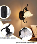 PUMING Black Wall Sconces Set of Two, Vintage Vanity Light Fixture with Flower Glass Shade, black finish base and white glass shade.