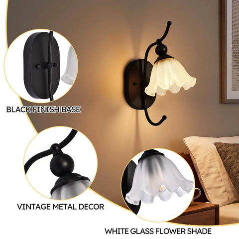 PUMING Black Wall Sconces Set of Two, Vintage Vanity Light Fixture with Flower Glass Shade, black finish base and white glass shade.