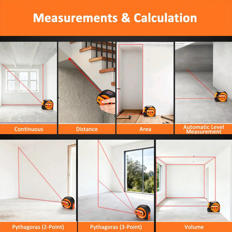 3-in-1 Laser Tape Measure With 197 Ft Laser Range And 16 Ft Manual Tape, Digital Level, Handy Distance Meter For Home Improvement, DIY Projects, Quick Accurate Readouts showing measurement modes