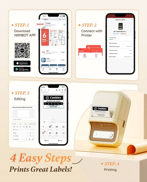 Smooth Sailing With This Sleek Portable Bluetooth Thermal Label Printer Sporting Inkless Tech And No Sweat Setup For Home Office Business Shipping Storage Includes Wireless App Auto Detect Sensor And Long Battery Plus 50X30Mm Labels steps for smartphone connection and label editing.