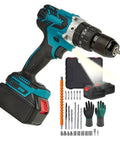 Badass Cordless Drill Driver And Electric Screwdriver With 25 Plus 1 Torque Clutches shown with accessories, battery, and toolbox.