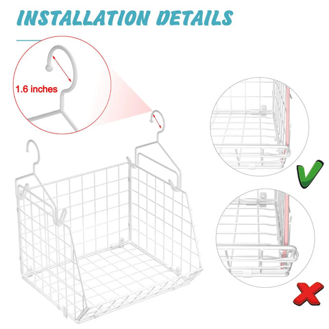 Installation details of 3 Tier Foldable Closet Organizer With Wall Mount And Cabinet Storage Bins, showing hook size and correct setup
