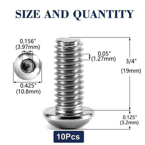 Built Like A Tank 1/4-20 X 3/4 Button Head Socket Cap Bolts 10 Pack 304 Stainless Steel with dimensions displayed.