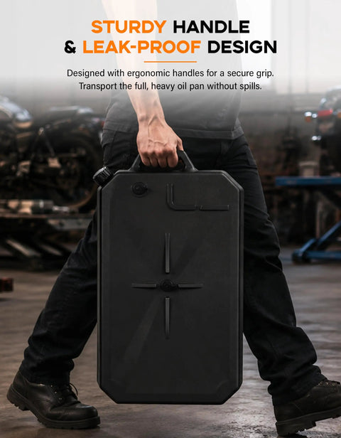 Universal Motorcycle Low Profile Oil Drain Pan With 10 Quart Capacity being carried, showing ergonomic handle and sturdy design