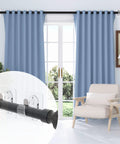 Living room with window showing 6 Pack Adhesive Curtain Rod Holders No Drilling Curtain Rod Brackets and blue curtains