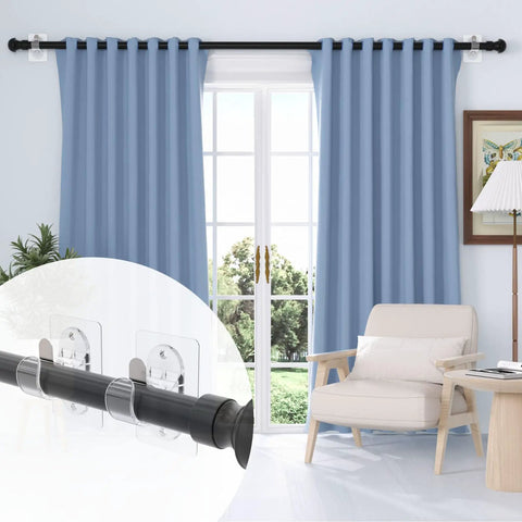 Living room with window showing 6 Pack Adhesive Curtain Rod Holders No Drilling Curtain Rod Brackets and blue curtains