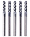 Front view: five solid carbide ball-nose end mills, AlTiN coated, 1/8 dia, 4-flute, 30° helix, 1/2 LOC, 1-1/2 OAL