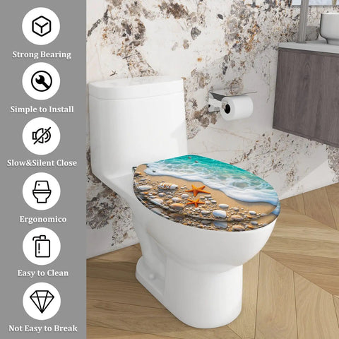 Elongated Resin Toilet Seat with Cover featuring ocean-themed design, suitable for standard toilets, easy to clean.