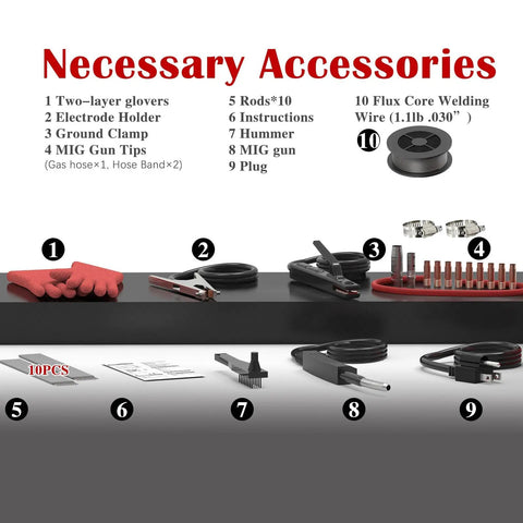 Accessories for Multiprocess Beast 150A MIG Welder With Pulse Dual Voltage 110 And 220V, including gloves, clamp, and MIG gun