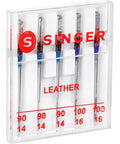 Leather Sewing Machine Needles Set of 5 Pack for Thick Leather and Heavy Fabrics 3 x 90/14 and 2 x 100/16 with Wedge Shape Point Penetrates Leather Suede Vinyl Without Tearing, in plastic case