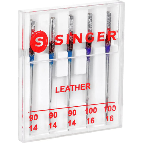 Leather Sewing Machine Needles Set of 5 Pack for Thick Leather and Heavy Fabrics 3 x 90/14 and 2 x 100/16 with Wedge Shape Point Penetrates Leather Suede Vinyl Without Tearing, in plastic case