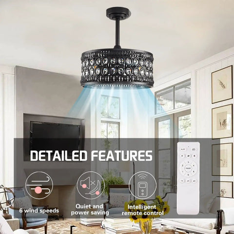 Dope Crystal Ceiling Fan With Lights Remote Control 6 Speeds Reversible Quiet Motor Black Finish for living room