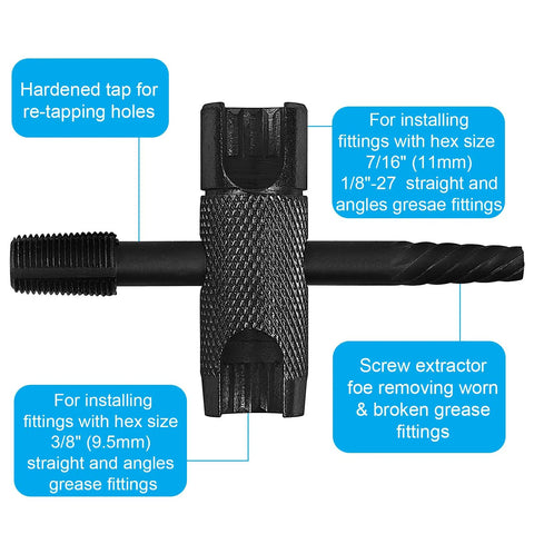 Heavy Duty 4 Way Zerk Grease Fittings Tool Set for quick removal of damaged fittings and rethread navigation guide.