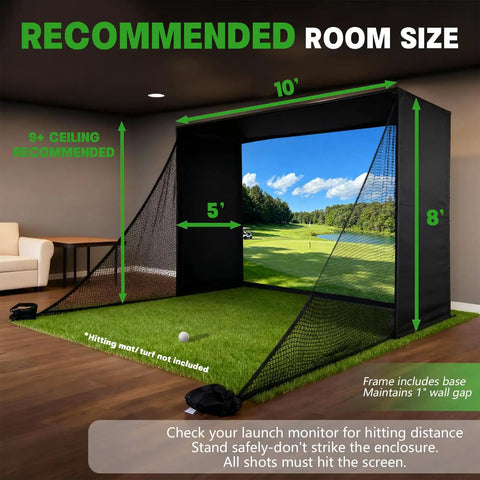 Golf Simulator Enclosure With Double-Layer Silent HD Impact Screen And Side Barriers, 10 By 8 Ft Indoor Hitting Cage