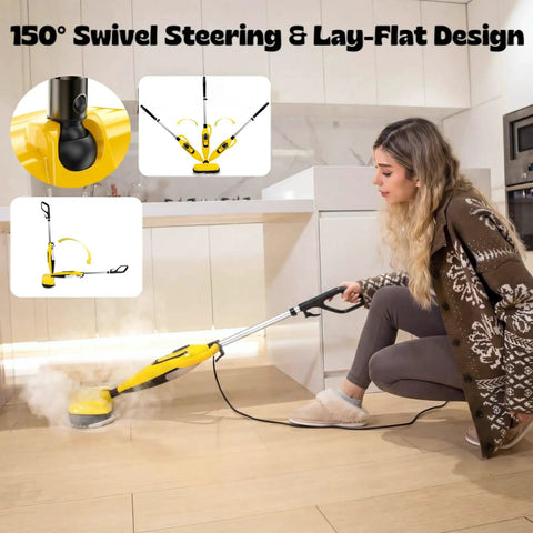 User operates a Heavy Duty Steam And Scrub Mop For Hardwood And Vinyl Floors, showcasing 150° swivel steering and lay-flat design.