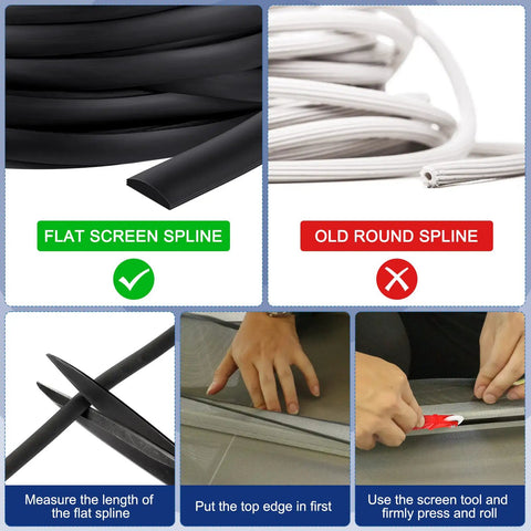 Comparison of flat and round spline; Flat Screen Spline 0.315 Inch Width Vinyl Window Screen Spline With Rolling Tool Black Flat Bottom And Curved Top Edge Repair Kit For Easy DIY Window And Patio Door Install 100 Ft