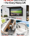 Hella Heavy Duty Gas Struts 15 Inch 35 Pound Force Shock Lifts With Mounting Brackets For Rv Bed Storage Camper Doors And Lockers Operates Smooth As Silky Butter Two Pack Set in use on RV bed, TV cabinet, and boat hatch.