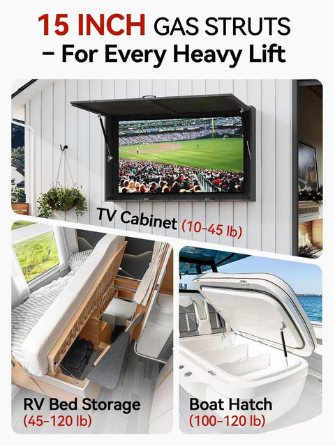 Hella Heavy Duty Gas Struts 15 Inch 35 Pound Force Shock Lifts With Mounting Brackets For Rv Bed Storage Camper Doors And Lockers Operates Smooth As Silky Butter Two Pack Set in use on RV bed, TV cabinet, and boat hatch.