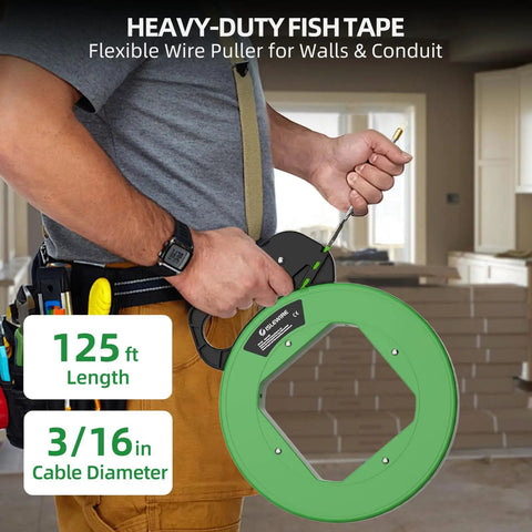 Person holding 125 Ft Non Conductive PET Fish Tape Wire Puller With Three Sixteenth Inch Cable, green ergonomic handle for conduit runs